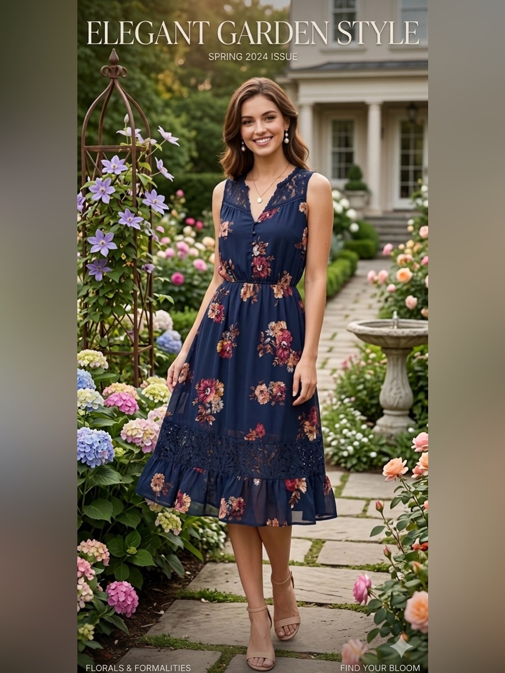 Eyeshadow Navy Floral Lace Accent Sleeveless Midi Dress XL Boho Fit & Flare